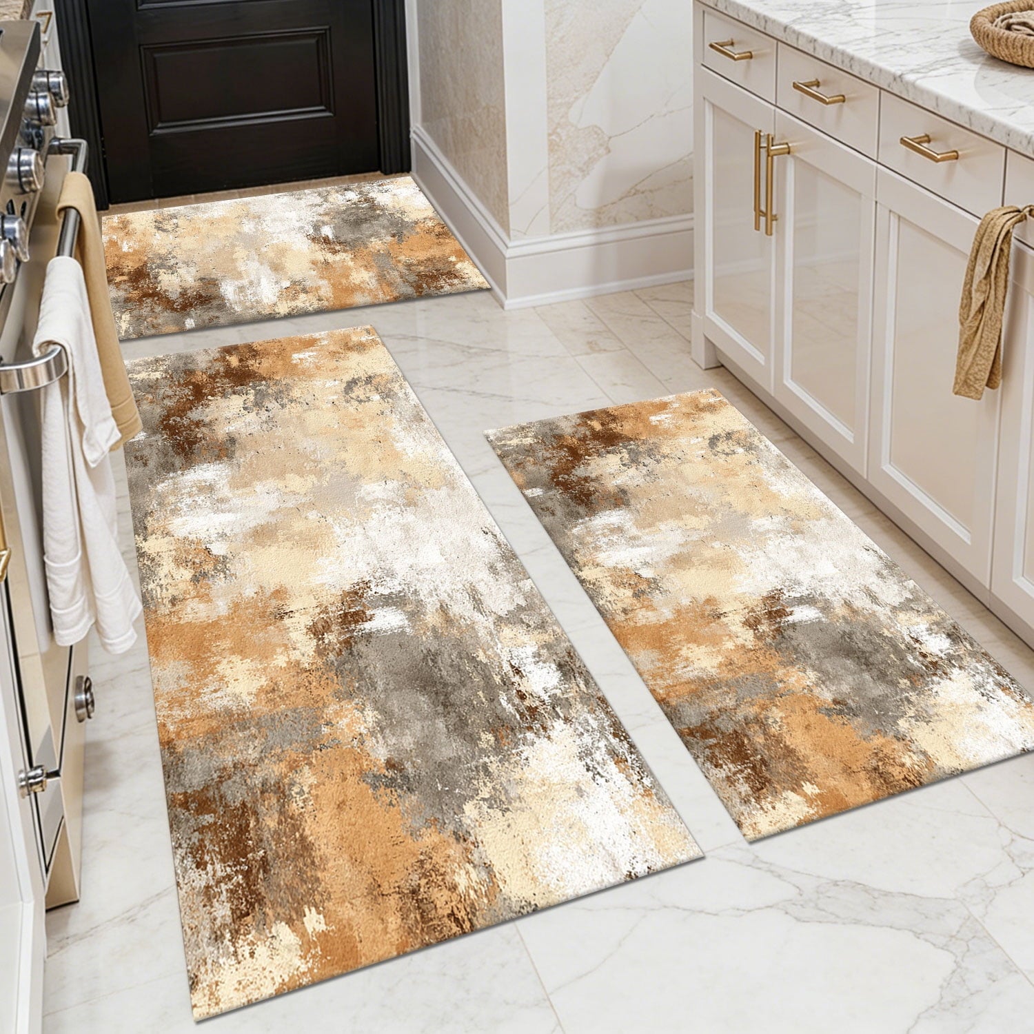 3-Piece Farmhouse Kitchen Rug Set, Washable Anti Slip Striped Floor Mats in 3 Sizes, Stain Resistant Decor Rugs for Kitchen Hallway Bathroom Home Christmas Decor