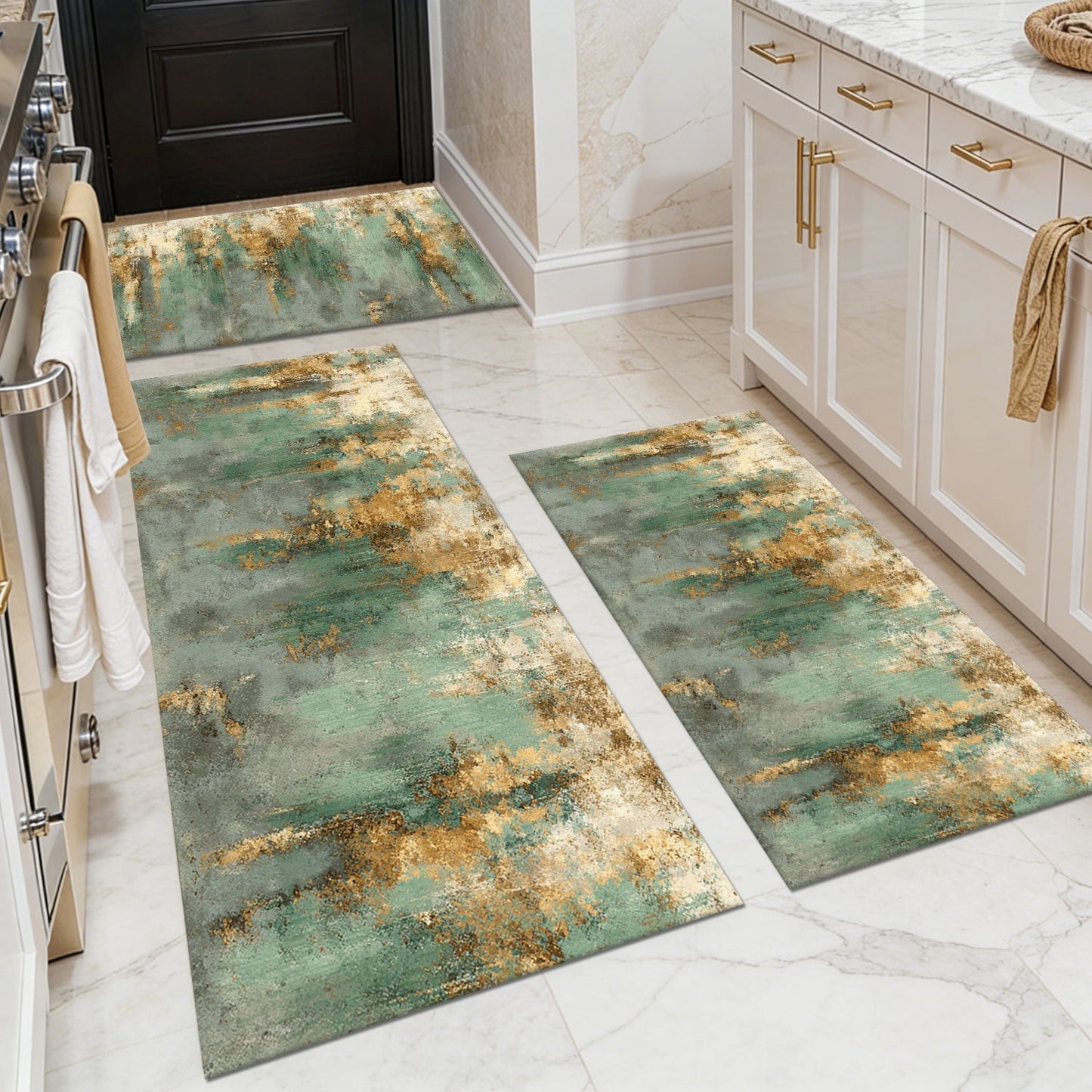3-Piece Farmhouse Kitchen Rug Set, Washable Anti Slip Striped Floor Mats in 3 Sizes, Stain Resistant Decor Rugs for Kitchen Hallway Bathroom Home Christmas Decor