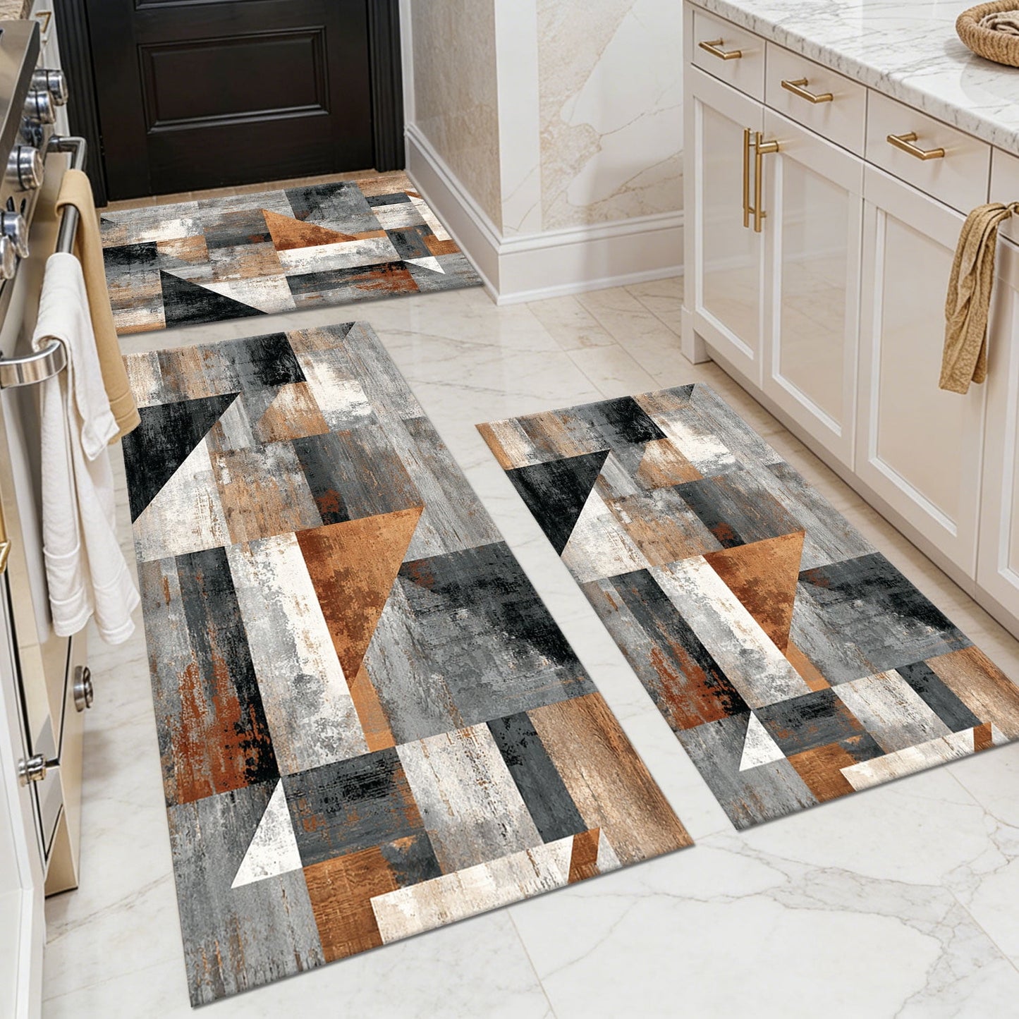 3-Piece Farmhouse Kitchen Rug Set, Washable Anti Slip Striped Floor Mats in 3 Sizes, Stain Resistant Decor Rugs for Kitchen Hallway Bathroom Home Christmas Decor