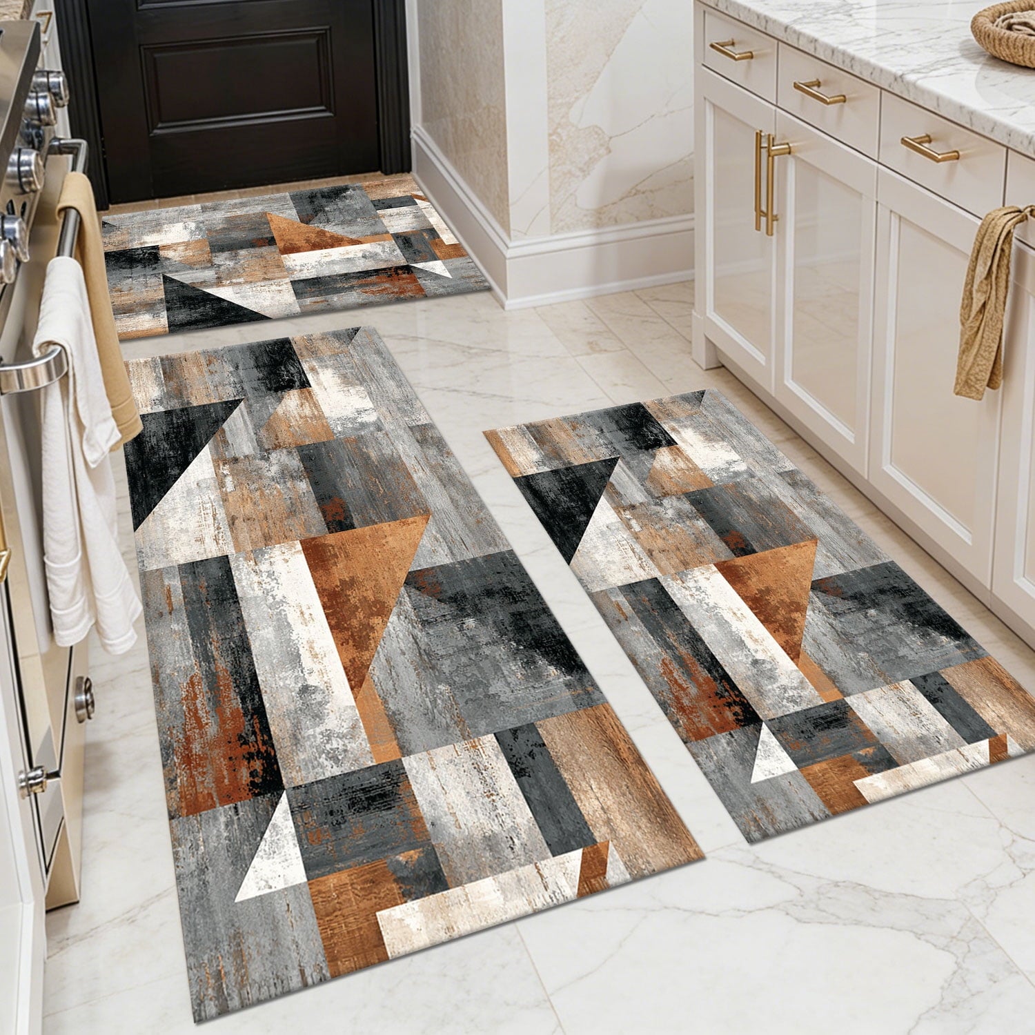 3-Piece Farmhouse Kitchen Rug Set, Washable Anti Slip Striped Floor Mats in 3 Sizes, Stain Resistant Decor Rugs for Kitchen Hallway Bathroom Home Christmas Decor
