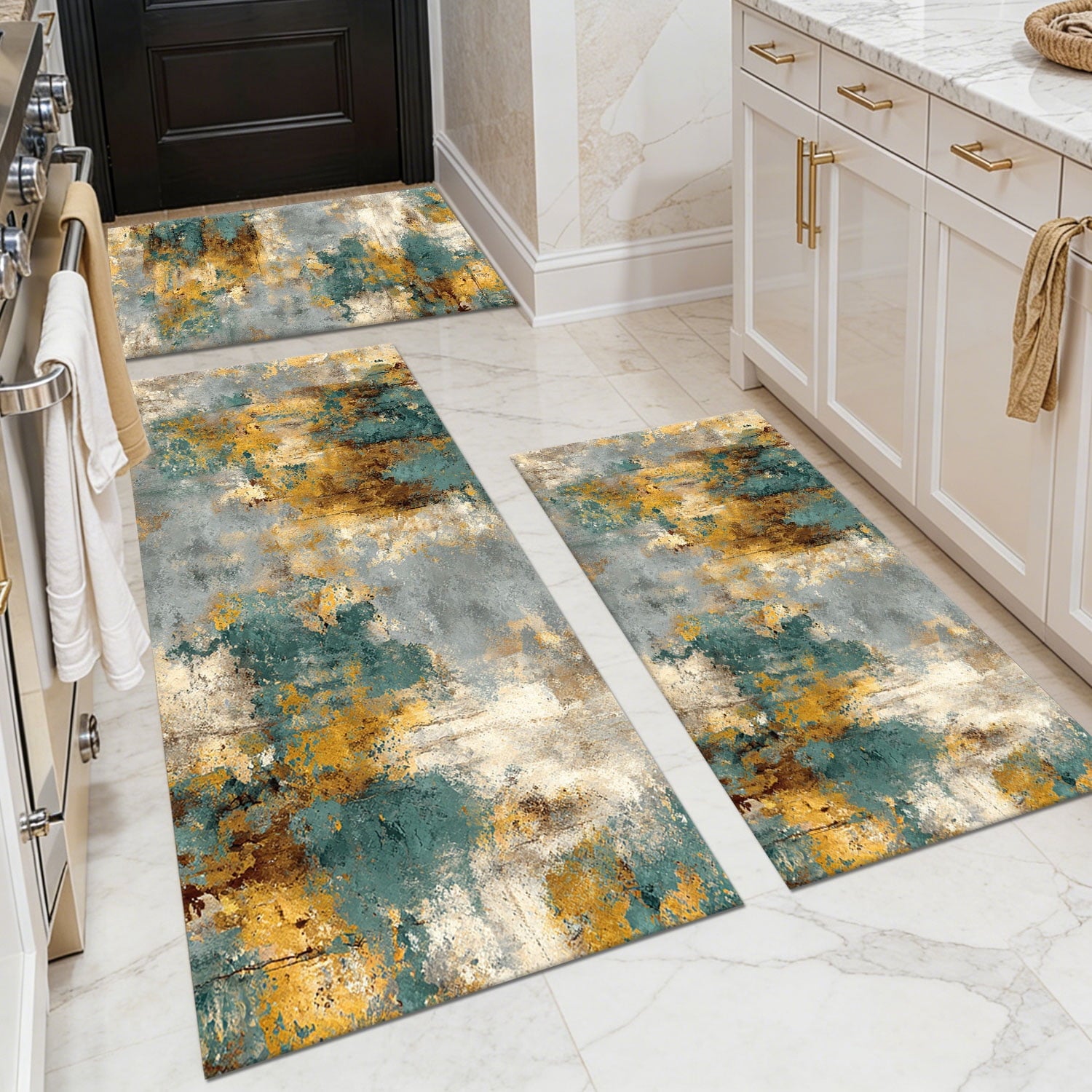 3-Piece Farmhouse Kitchen Rug Set, Washable Anti Slip Striped Floor Mats in 3 Sizes, Stain Resistant Decor Rugs for Kitchen Hallway Bathroom Home Christmas Decor