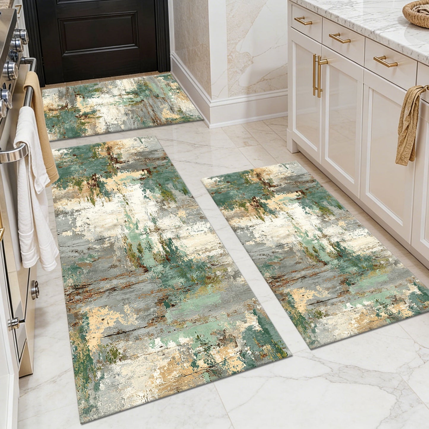 3-Piece Farmhouse Kitchen Rug Set, Washable Anti Slip Striped Floor Mats in 3 Sizes, Stain Resistant Decor Rugs for Kitchen Hallway Bathroom Home Christmas Decor