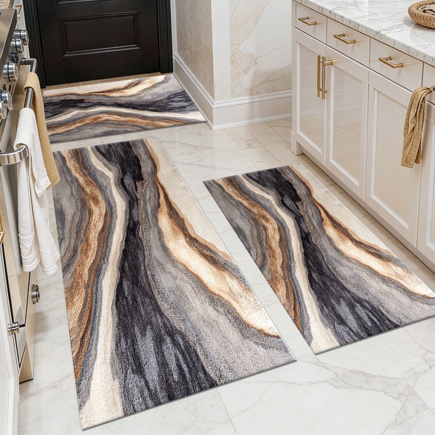 3-Piece Farmhouse Kitchen Rug Set, Washable Anti Slip Striped Floor Mats in 3 Sizes, Stain Resistant Decor Rugs for Kitchen Hallway Bathroom Home Christmas Decor