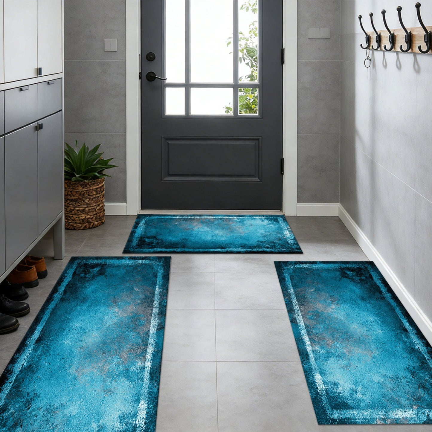 3-Piece Farmhouse Kitchen Rug Set, Washable Anti Slip Striped Floor Mats in 3 Sizes, Stain Resistant Decor Rugs for Kitchen Hallway Bathroom Home Christmas Decor