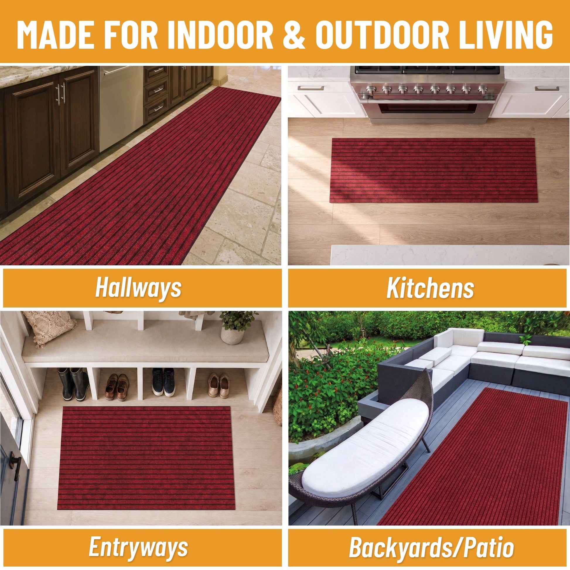 Ottomanson Non-Slip Area Rug for Entryway 2' x 3' Indoor/Outdoor Custom Size Kitchen Utility Mat, Red Ribbed
