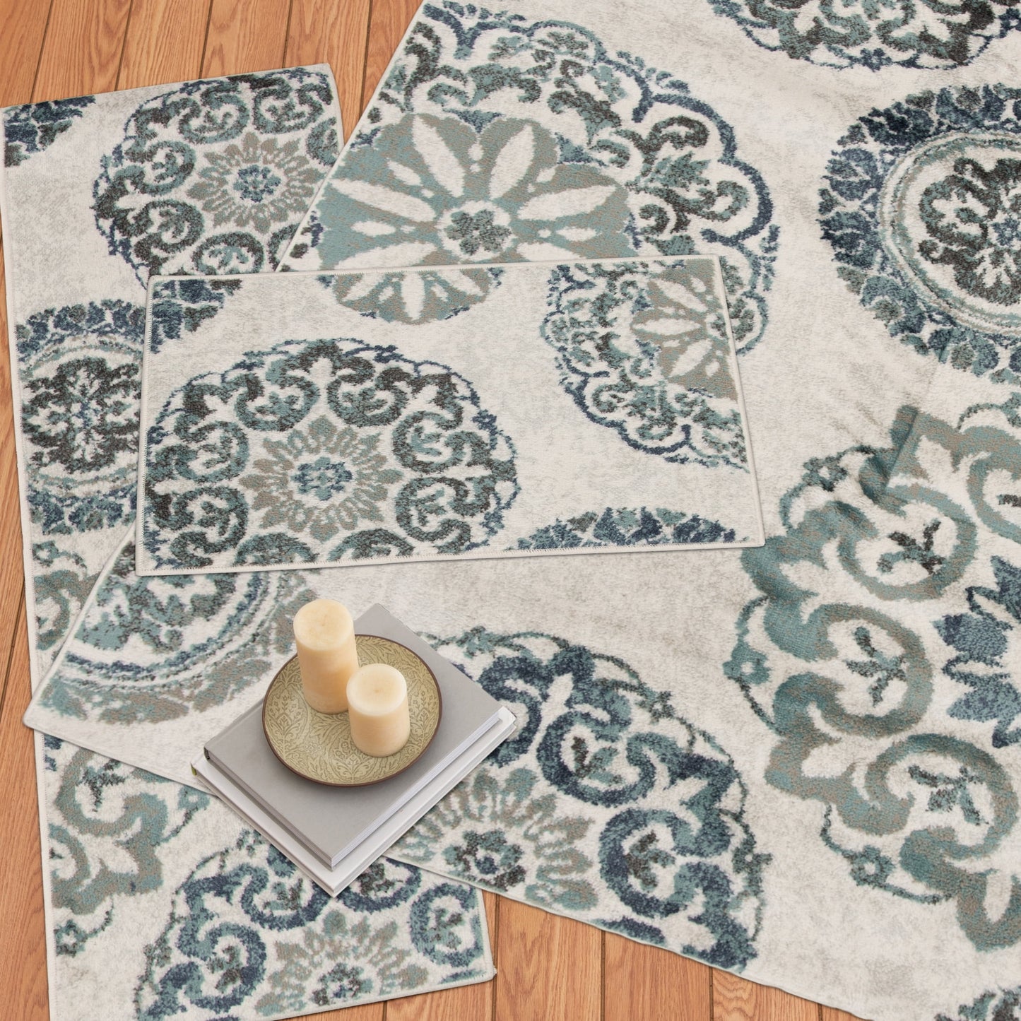Mainstays Teal Medallion 3 Piece Indoor Area Rug Set