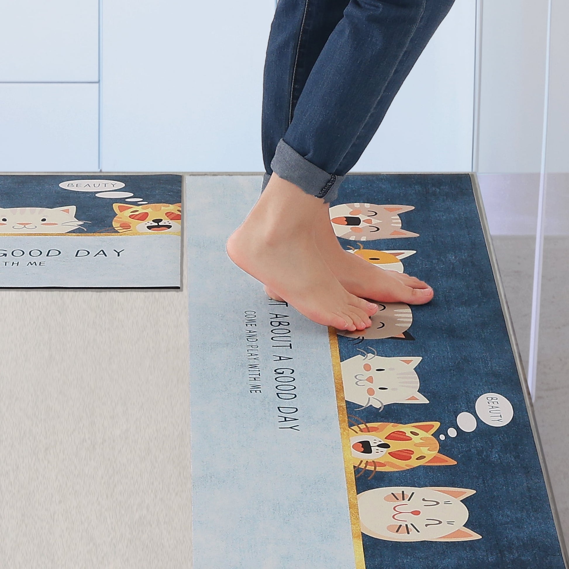 Unique Bargains Kitchen Floor Mats Set of 2 Thick Rugs Cushioned Non Slip Kitchen Mats Cat