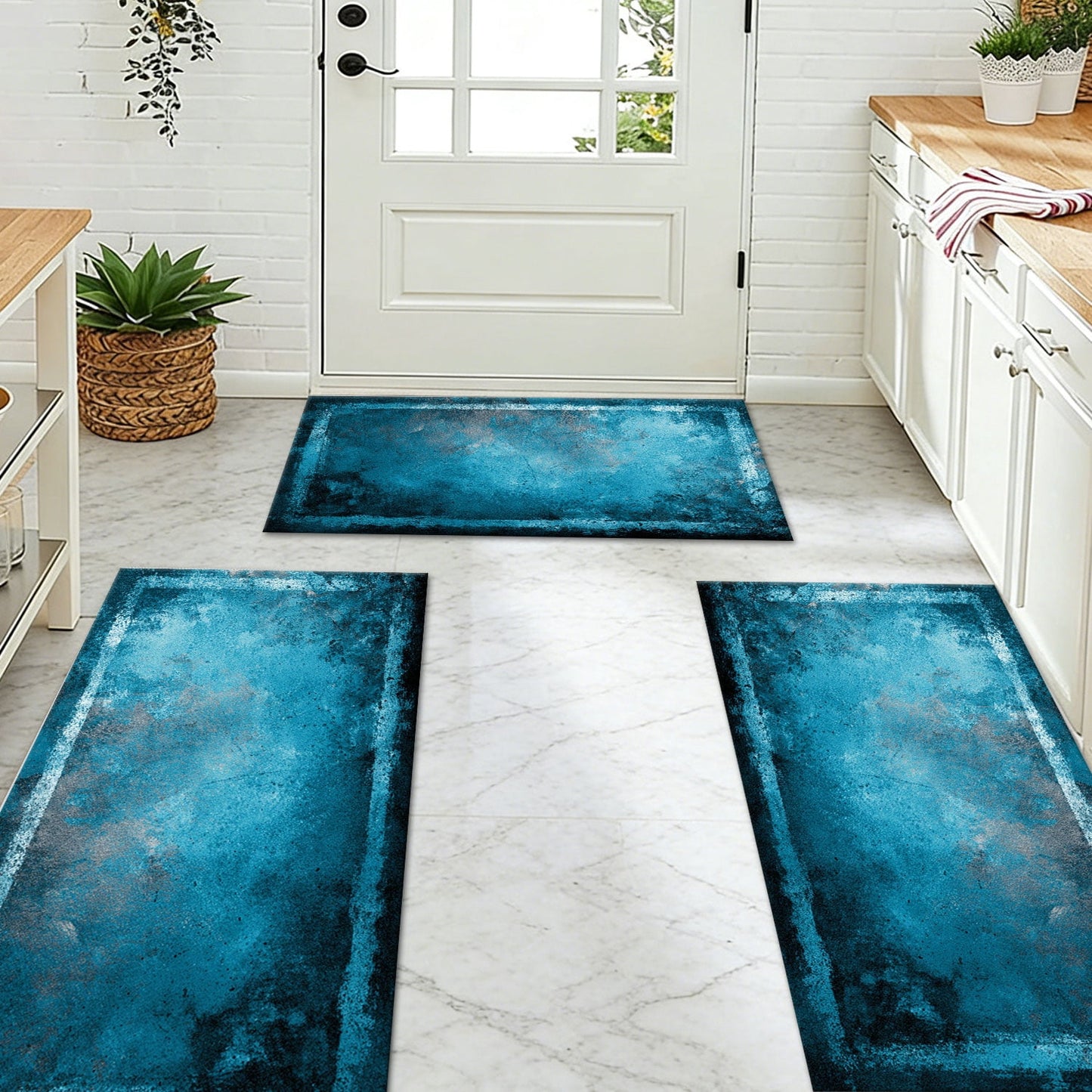3-Piece Farmhouse Kitchen Rug Set, Washable Anti Slip Striped Floor Mats in 3 Sizes, Stain Resistant Decor Rugs for Kitchen Hallway Bathroom Home Christmas Decor