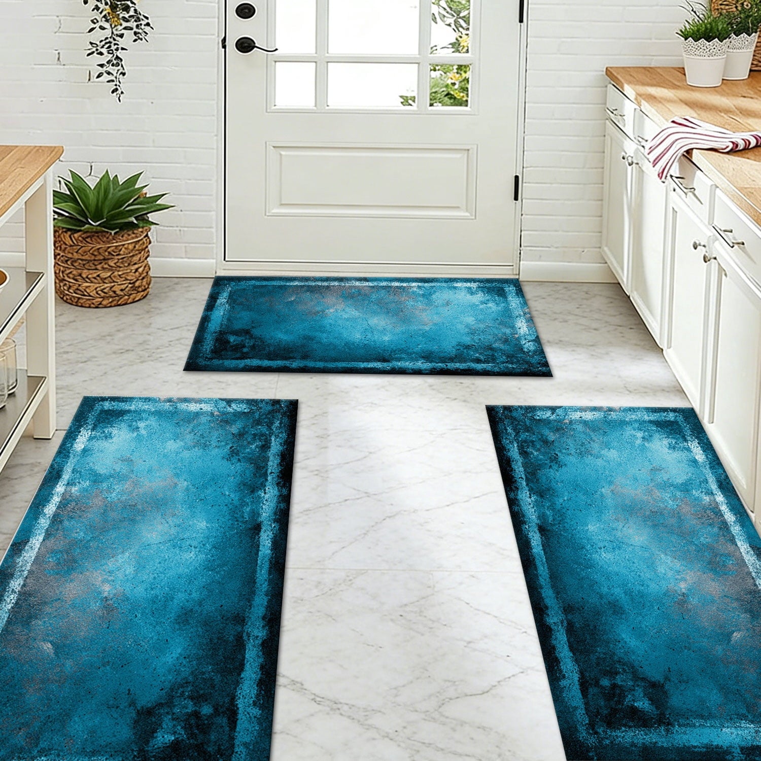 3-Piece Farmhouse Kitchen Rug Set, Washable Anti Slip Striped Floor Mats in 3 Sizes, Stain Resistant Decor Rugs for Kitchen Hallway Bathroom Home Christmas Decor